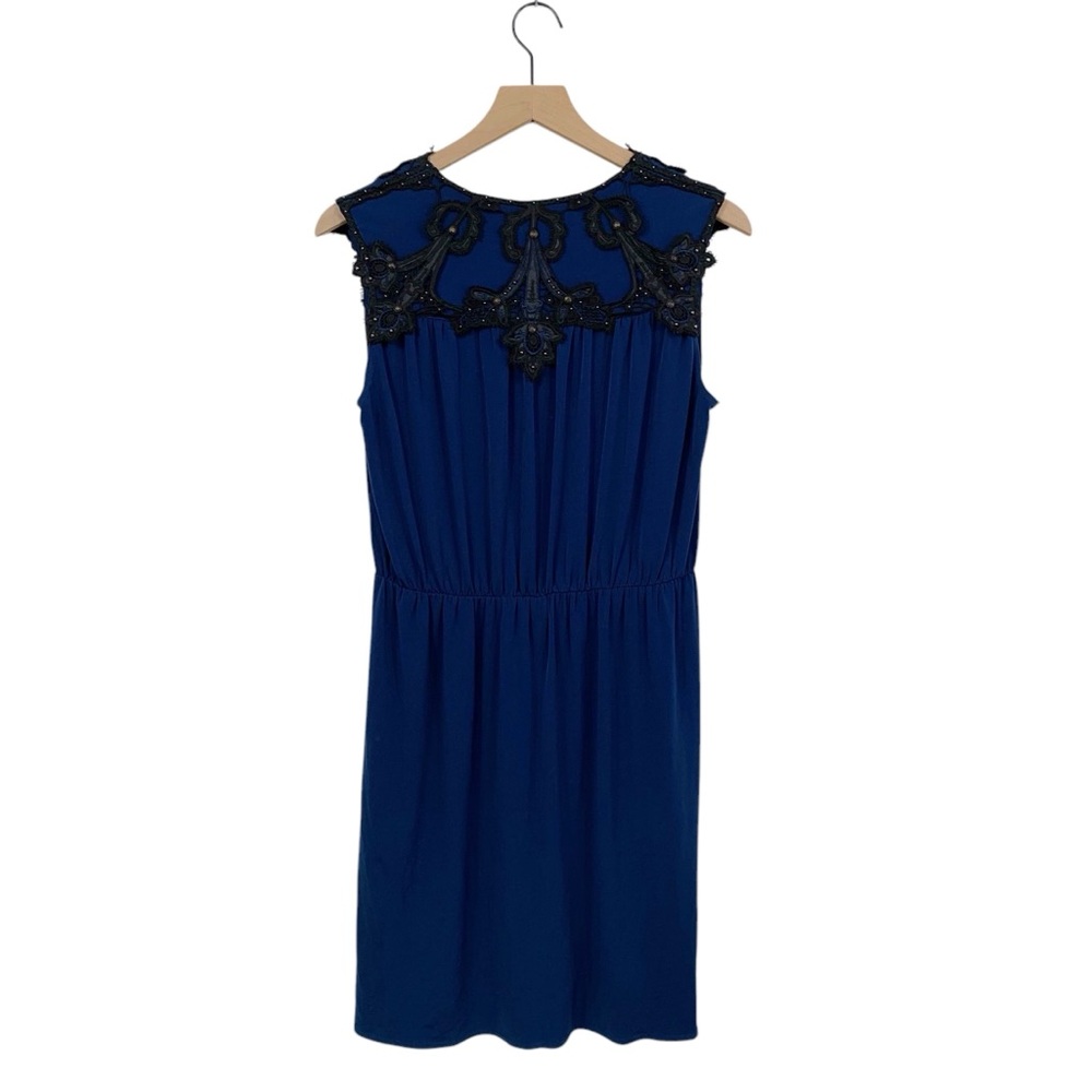 Laundry Cobalt Blue with Black Embroidered Appliqué Faux Wrap Midi Dress - Picture 3 of 7